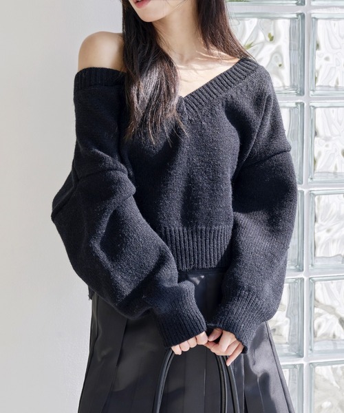 ニット セーター 「UNE ORIGINAL」ユニークリブオープンVネックニット レディース メンズ UNE ORIGINAL】ユニークリブオープンVネックニット（ニット