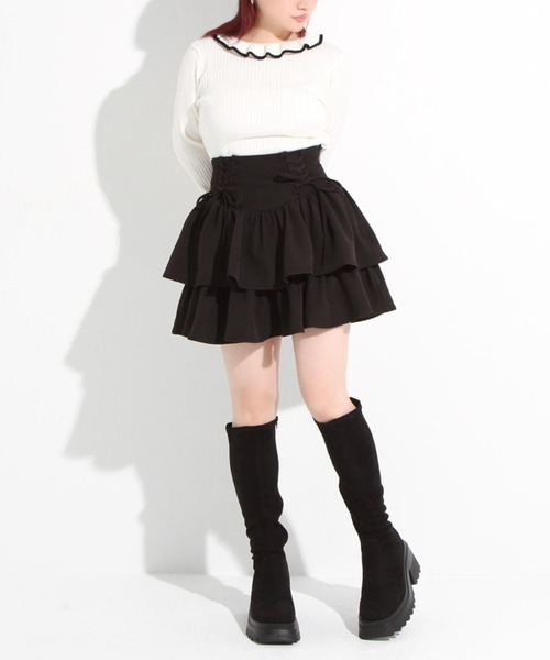DearMyLoveWhip(ディアマイラブホイップ)の「【大きいサイズ】レースアップコルセットティアードミニスカート(スカート・レディース・ブラック/グレー/オフホワイト/ボルドー/ブラック系その他・4L/5L/6L)」の6枚目の写真