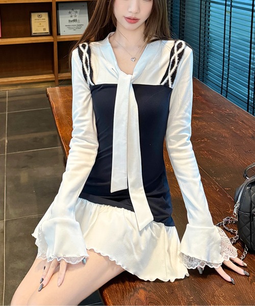 AMAJI(アマジ)の「ボータイフェイクレイヤードミニワンピース(ワンピース・レディース・ホワイト系・MEDIUM/LARGE)」の6枚目の写真