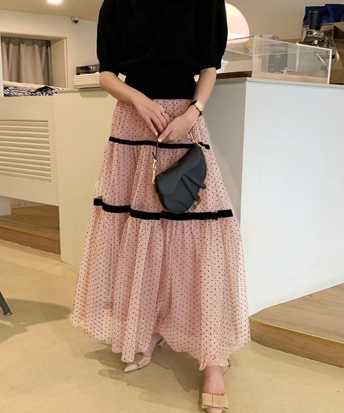 Doux Belle（ドゥーベル）の「ドット柄チュールシアースカート（スカート・レディース・ピンク/ブラック・FREE）」の2枚目の写真