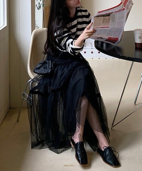 Doux Belle（ドゥーベル）の「ドット柄チュールシアースカート（スカート・レディース・ピンク/ブラック・FREE）」の3枚目の写真