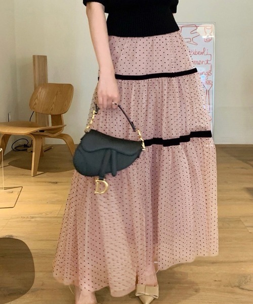 Doux Belle（ドゥーベル）の「ドット柄チュールシアースカート（スカート・レディース・ピンク/ブラック・FREE）」の7枚目の写真