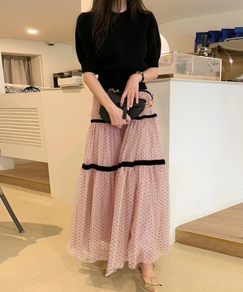 Doux Belle（ドゥーベル）の「ドット柄チュールシアースカート（スカート・レディース・ピンク/ブラック・FREE）」の8枚目の写真