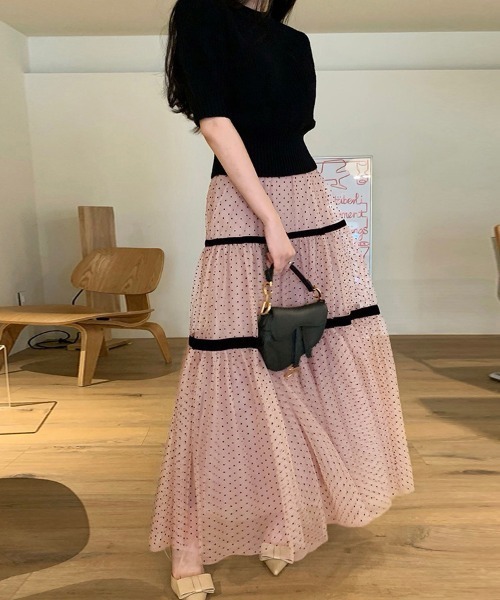 Doux Belle（ドゥーベル）の「ドット柄チュールシアースカート（スカート・レディース・ピンク/ブラック・FREE）」の9枚目の写真
