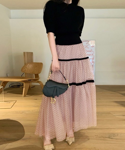 Doux Belle（ドゥーベル）の「ドット柄チュールシアースカート（スカート・レディース・ピンク/ブラック・FREE）」の10枚目の写真