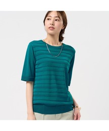TOKYO SHIRTS | 前身タックボーダー クルーネックプルオーバーニット 五分袖 レディース(ニット/セーター)