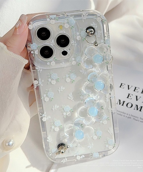 セール】ハンドストラップ付き クリア小花柄 iPhoneカバー