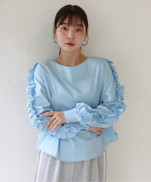 StyleSea（スタイルシー）の「袖フリルストレッチブラウス（シャツ/ブラウス・レディース・サックスブルー/ライム・FREE）」の11枚目の写真
