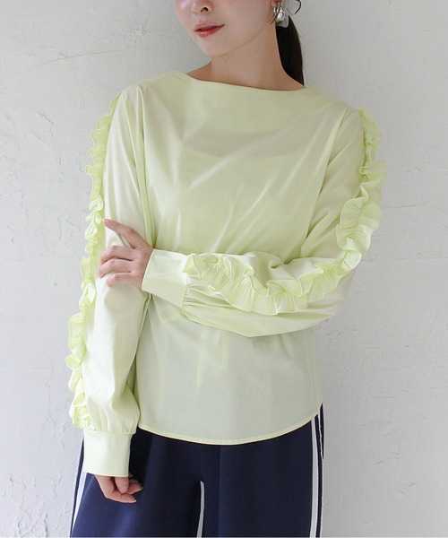 StyleSea（スタイルシー）の「袖フリルストレッチブラウス（シャツ/ブラウス・レディース・サックスブルー/ライム・FREE）」の4枚目の写真