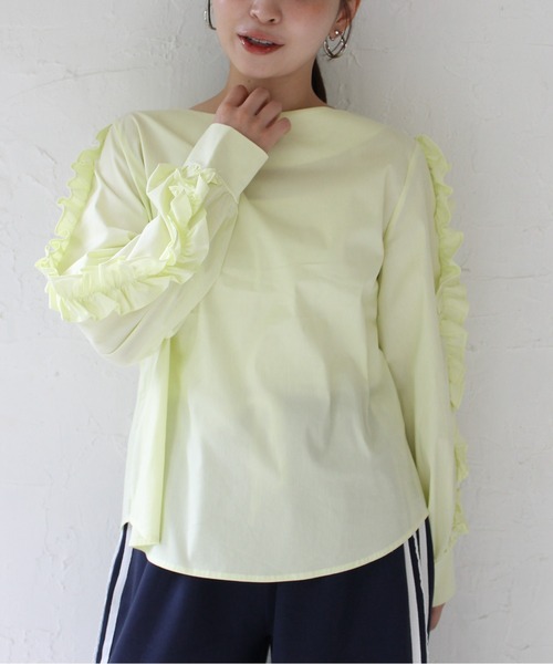 StyleSea（スタイルシー）の「袖フリルストレッチブラウス（シャツ/ブラウス・レディース・サックスブルー/ライム・FREE）」の5枚目の写真
