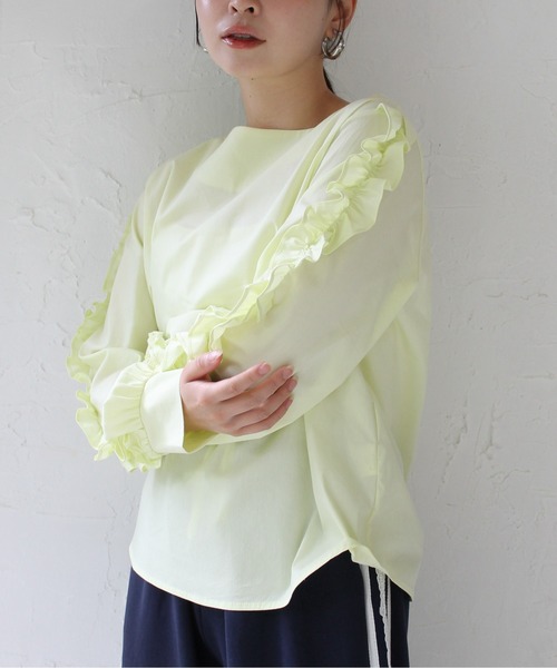 StyleSea（スタイルシー）の「袖フリルストレッチブラウス（シャツ/ブラウス・レディース・サックスブルー/ライム・FREE）」の8枚目の写真