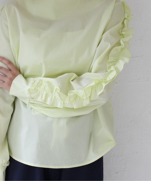 StyleSea（スタイルシー）の「袖フリルストレッチブラウス（シャツ/ブラウス・レディース・サックスブルー/ライム・FREE）」の9枚目の写真