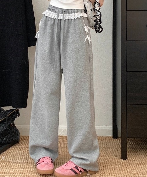 LADY LIKE（レディライク）の「レースリボンワイドスウェットパンツ（スウェットパンツ・レディース・グレー/ブラック・M）」の6枚目の写真