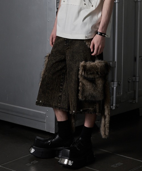 【GRANCY】ファーポケットデザインハーフデニムカーゴパンツ　ブラック　M GRANCY】FurPocket Design Half Denim Cargo Pants / ファー