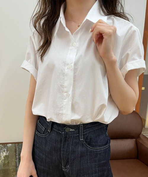 Lace Ladies(レースレディース)の「レギュラーカラー ロールアップ ベーシック 半袖 シャツ(シャツ/ブラウス・レディース・ホワイト/ブルー/グリーン・XL/M)」の1枚目の写真