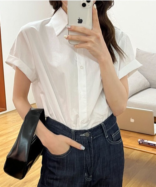 Lace Ladies(レースレディース)の「レギュラーカラー ロールアップ ベーシック 半袖 シャツ(シャツ/ブラウス・レディース・ホワイト/ブルー/グリーン・XL/M)」の7枚目の写真