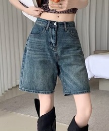 YUGA ハイウエスト ストレートデニムショートパンツ