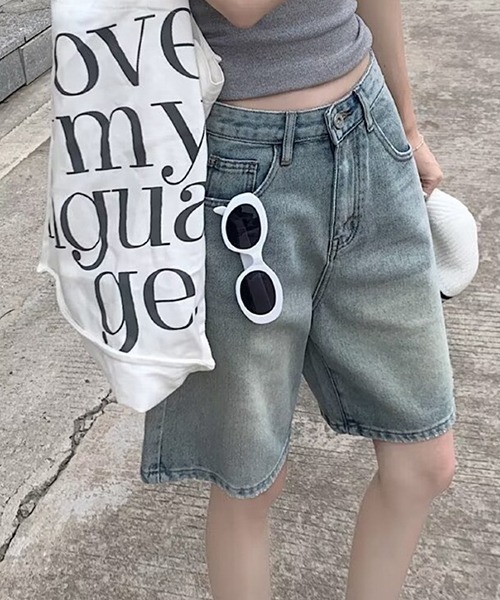 gossip!ロサンゼルス(ゴシップロサンゼルス)の「YUGA ハイウエスト ストレートデニムショートパンツ(デニムパンツ・レディース・インディゴブルー/ライトブルー・L/M)」の22枚目の写真