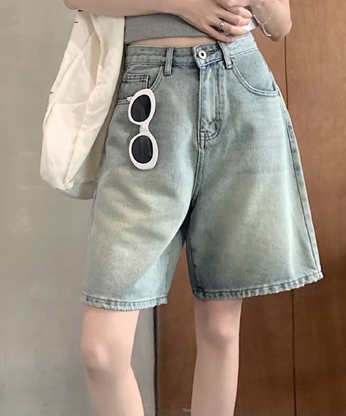 gossip!ロサンゼルス(ゴシップロサンゼルス)の「YUGA ハイウエスト ストレートデニムショートパンツ(デニムパンツ・レディース・インディゴブルー/ライトブルー・L/M)」の4枚目の写真