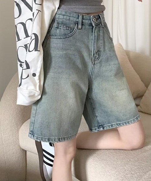 gossip!ロサンゼルス(ゴシップロサンゼルス)の「YUGA ハイウエスト ストレートデニムショートパンツ(デニムパンツ・レディース・インディゴブルー/ライトブルー・L/M)」の13枚目の写真