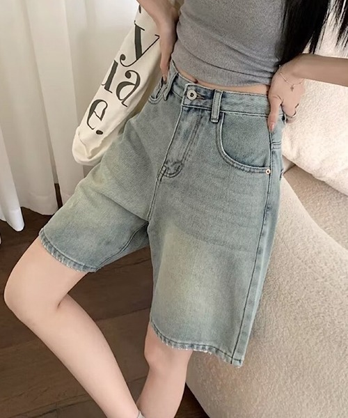 gossip!ロサンゼルス(ゴシップロサンゼルス)の「YUGA ハイウエスト ストレートデニムショートパンツ(デニムパンツ・レディース・インディゴブルー/ライトブルー・L/M)」の14枚目の写真
