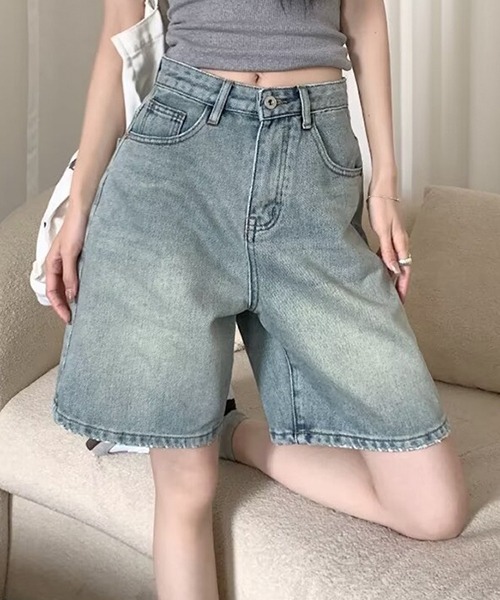 gossip!ロサンゼルス(ゴシップロサンゼルス)の「YUGA ハイウエスト ストレートデニムショートパンツ(デニムパンツ・レディース・インディゴブルー/ライトブルー・L/M)」の15枚目の写真