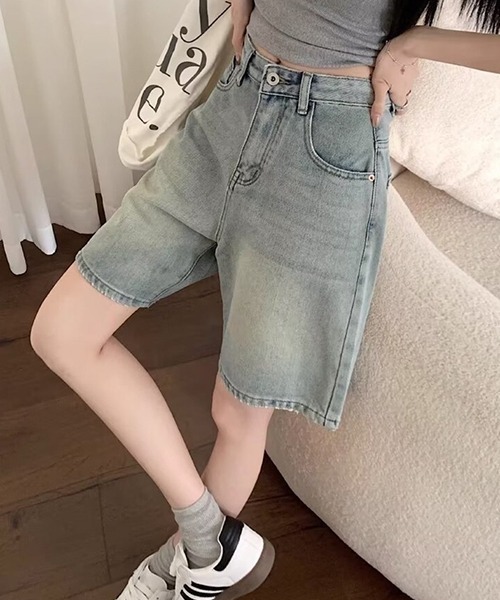 gossip!ロサンゼルス(ゴシップロサンゼルス)の「YUGA ハイウエスト ストレートデニムショートパンツ(デニムパンツ・レディース・インディゴブルー/ライトブルー・L/M)」の17枚目の写真