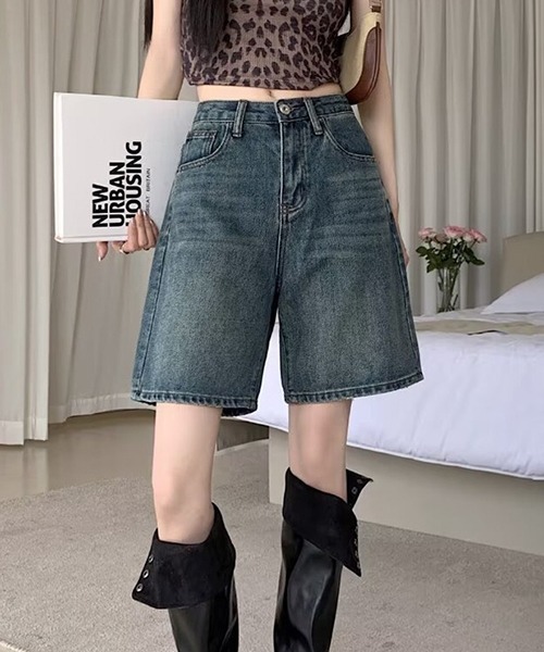 gossip!ロサンゼルス(ゴシップロサンゼルス)の「YUGA ハイウエスト ストレートデニムショートパンツ(デニムパンツ・レディース・インディゴブルー/ライトブルー・L/M)」の18枚目の写真