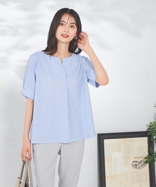 a.v.v（アーヴェヴェ）の「ストライプジャガードスリットネックトップス（Tシャツ/カットソー・レディース・ダークインディゴブルー/ネイビー・34/36/38/40/42）」の11枚目の写真