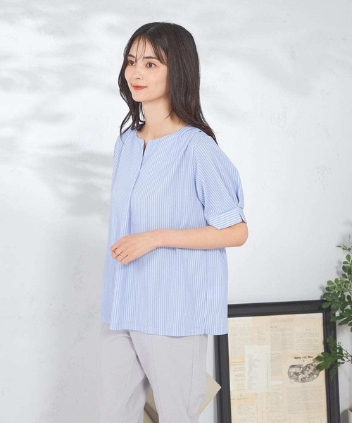 a.v.v（アーヴェヴェ）の「ストライプジャガードスリットネックトップス（Tシャツ/カットソー・レディース・ダークインディゴブルー/ネイビー・34/36/38/40/42）」の12枚目の写真