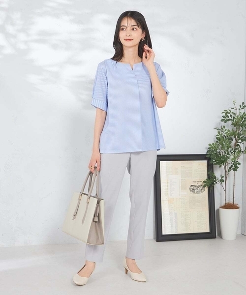 a.v.v（アーヴェヴェ）の「ストライプジャガードスリットネックトップス（Tシャツ/カットソー・レディース・ダークインディゴブルー/ネイビー・34/36/38/40/42）」の14枚目の写真