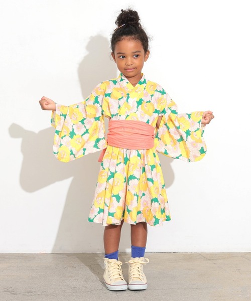 Ocean&Ground（オーシャン&グラウンド）の「ﾚﾄﾛﾌﾗﾜｰ浴衣ﾐﾆ丈ﾜﾝﾋﾟｰｽ（浴衣・キッズ・グリーン/レッド・90/100/110/120/130/140）」の3枚目の写真