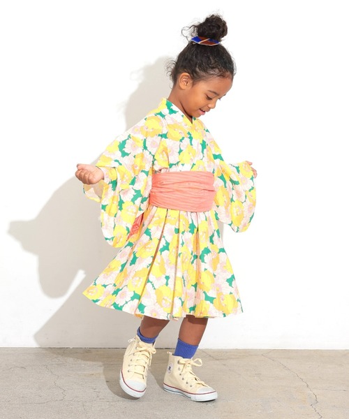 Ocean&Ground（オーシャン&グラウンド）の「ﾚﾄﾛﾌﾗﾜｰ浴衣ﾐﾆ丈ﾜﾝﾋﾟｰｽ（浴衣・キッズ・グリーン/レッド・90/100/110/120/130/140）」の4枚目の写真