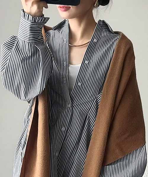 セール】甘さ控えめの好バランス◎ウエストタック袖フリルビッグ長袖