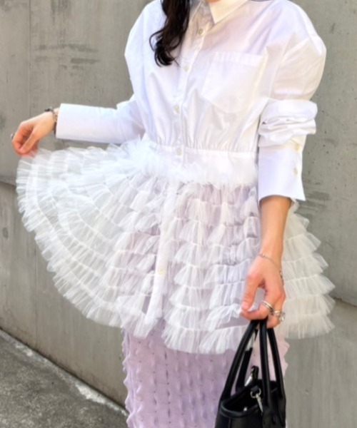 HONEY MI HONEY（ハニーミーハニー）の「tulle peplum shirt（シャツ/ブラウス・レディース・サックスブルー/ホワイト/チェック/その他・FREE）」の2枚目の写真