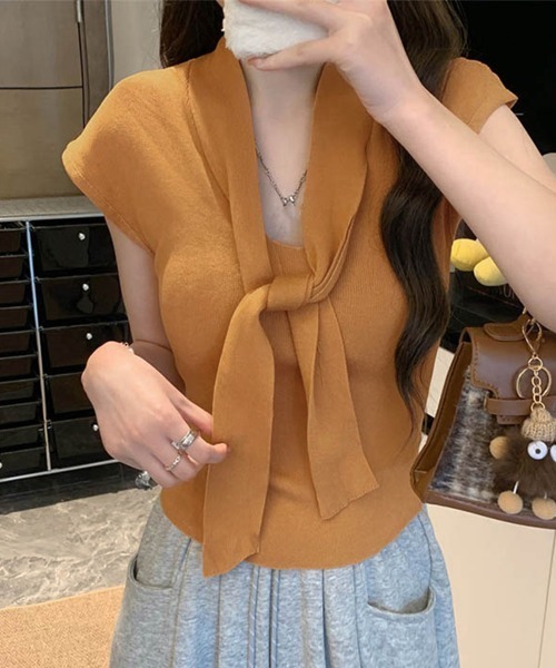 Miniministore(ミニミニストア)の「ボウタイサマーニット Vネックトップス(Tシャツ/カットソー・レディース・オレンジ/ブラック/ブラウン/アイボリー/ブラウン系・FREE)」の5枚目の写真