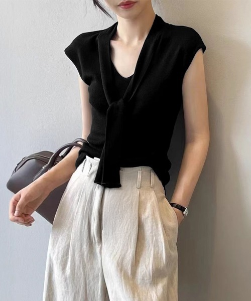 Miniministore(ミニミニストア)の「ボウタイサマーニット Vネックトップス(Tシャツ/カットソー・レディース・オレンジ/ブラック/ブラウン/アイボリー/ブラウン系・FREE)」の2枚目の写真