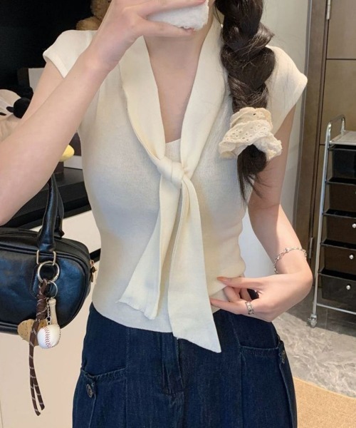 Miniministore(ミニミニストア)の「ボウタイサマーニット Vネックトップス(Tシャツ/カットソー・レディース・オレンジ/ブラック/ブラウン/アイボリー/ブラウン系・FREE)」の10枚目の写真