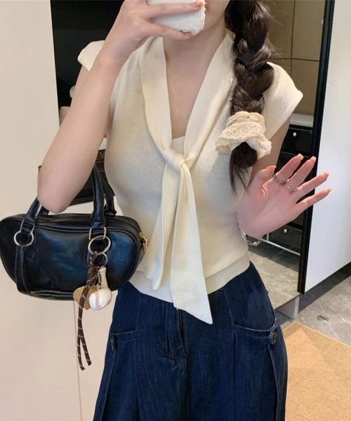 Miniministore(ミニミニストア)の「ボウタイサマーニット Vネックトップス(Tシャツ/カットソー・レディース・オレンジ/ブラック/ブラウン/アイボリー/ブラウン系・FREE)」の12枚目の写真