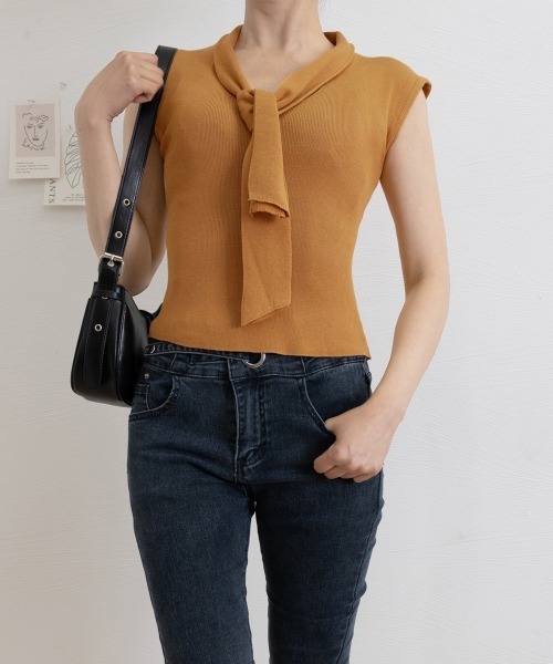 Miniministore(ミニミニストア)の「ボウタイサマーニット Vネックトップス(Tシャツ/カットソー・レディース・オレンジ/ブラック/ブラウン/アイボリー/ブラウン系・FREE)」の17枚目の写真