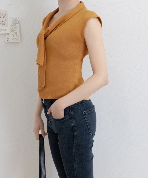 Miniministore(ミニミニストア)の「ボウタイサマーニット Vネックトップス(Tシャツ/カットソー・レディース・オレンジ/ブラック/ブラウン/アイボリー/ブラウン系・FREE)」の18枚目の写真