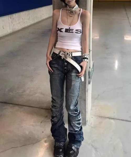 FreeZone（フリーゾーン）の「Y2Kギャザー フレアシルエットヴィンテージデニム（デニムパンツ・メンズ・ブルー/ブラック・M/S/L）」の14枚目の写真