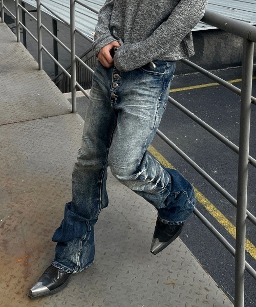 FreeZone（フリーゾーン）の「Y2Kギャザー フレアシルエットヴィンテージデニム（デニムパンツ・メンズ・ブルー/ブラック・M/S/L）」の18枚目の写真