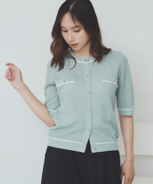 index(インデックス)の「バイカラー半袖カーディガン【洗える/抗ピル】(カーディガン/ボレロ・レディース・グリーン系5/ベージュ系その他7/ホワイト系9/ネイビー系4/ブラック系7・36/38/40/42)」の1枚目の写真