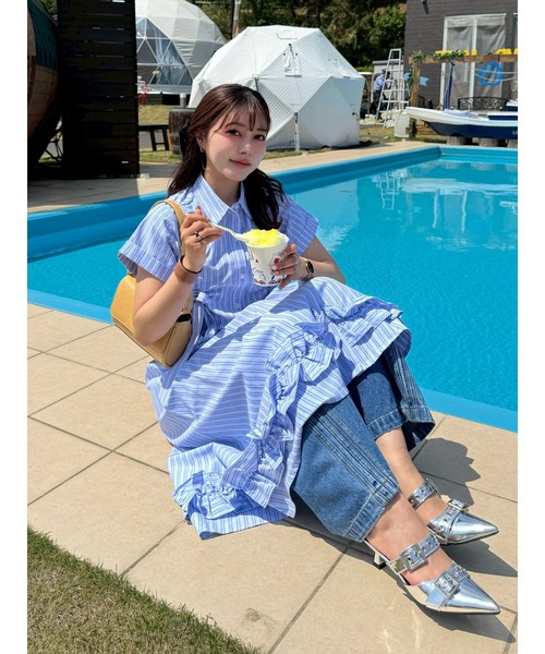 jouetie（ジュエティ）の「【再入荷】ギャザーリボンシャツワンピース 夏服（ワンピース・レディース・ブルー/レッド/ピンク・MEDIUM）」の6枚目の写真