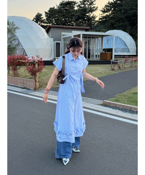 ジュエティ　ギャザーリボンシャツワンピース セール】【再入荷】ギャザーリボンシャツワンピース 夏服