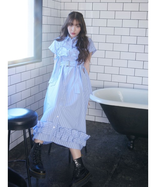 ジュエティ　ギャザーリボンシャツワンピース セール】【再入荷】ギャザーリボンシャツワンピース 夏服