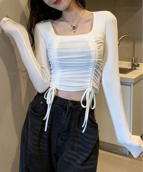 kirakiraShop(キラキラショップ)の「スクエア ネックドロスト 長袖 Tシャツ(Tシャツ/カットソー・レディース・ホワイト/レッド/チャコール/ブラック・FREE)」の5枚目の写真