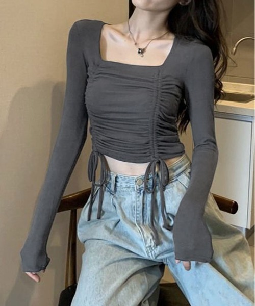 kirakiraShop(キラキラショップ)の「スクエア ネックドロスト 長袖 Tシャツ(Tシャツ/カットソー・レディース・ホワイト/レッド/チャコール/ブラック・FREE)」の9枚目の写真