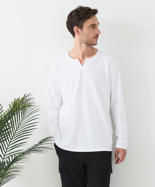 JEANS MATE(ジーンズメイト)の「【汗染みの目立ちにくいTシャツ ZEROSTAIN/ゼロステイン】キーネック ロンT 防汚 UVカット(Tシャツ/カットソー・メンズ・ブラック/スミクロ/ホワイト・LARGE/X-LARGE/MEDIUM)」の9枚目の写真